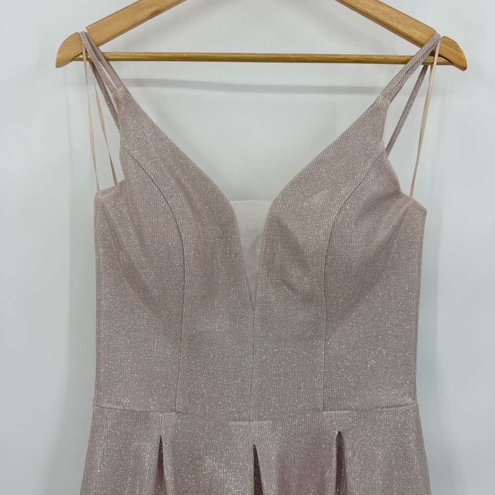 Crystal Doll Champagne Gold Glitter Gown V-Neck Pleated Maxi Dress Pockets 13 - Picture 3 of 7